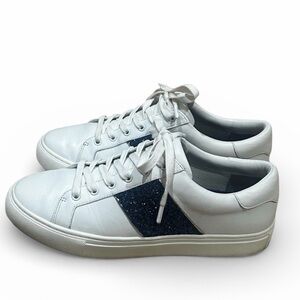 Tory Burch Carter White Leather Sneakers Blue Glitter Stripe Low Top - Size 9